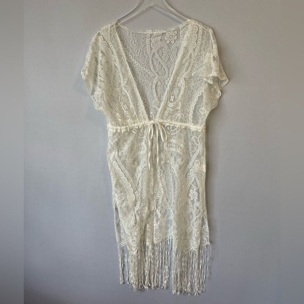 Cream Lace Tie Front Fringe Hem‎ Cover Up Kimono S